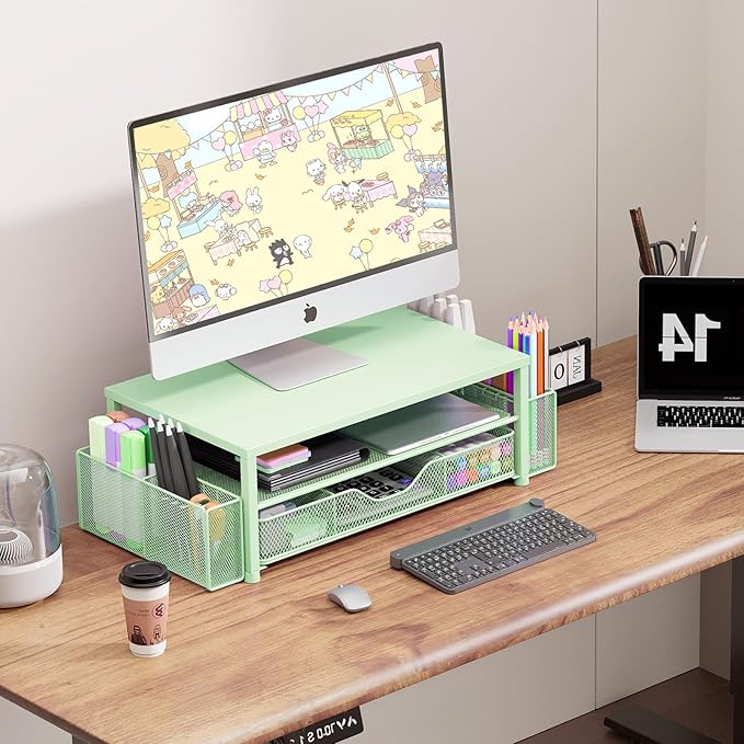 Desk Organizers and Accessories, 2-Tier Computer Monitor Stand for Desk Organizer with Drawer and 2 Pen Holders, Office Desk Accessories Workspace Desktop Organizers for Office Supplies, Green