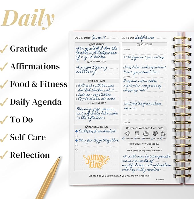 Life & Apples Wellness Planner Pro for Healthy Living - with Agenda, Food Journal, Gratitude, Fitness and Self-Care - Track Weight Loss Diet, Physical and Mental Health Goals - Undated, Rose Gold
