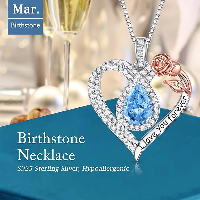 Hidepoo Christmas Gifts for Women Mom Wife - Sterling Silver Rose Heart Birthstone Necklace I Love You Forever Heart Pendant Teardrop Necklace Jewelry Anniversary Valentines Christmas Birthday Gifts