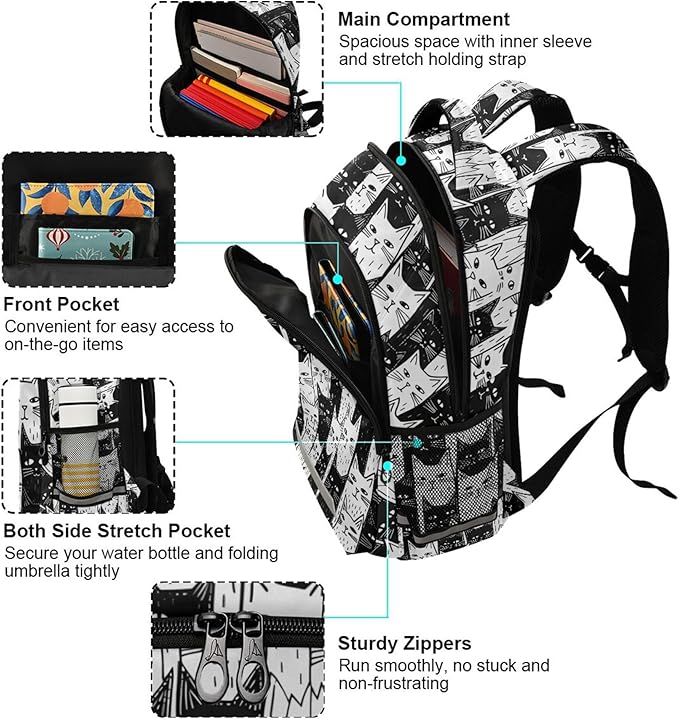 MNSRUU Laptop Backpack with Chest Strap, Black Cat School Backpack, Travel Hiking Backpack for Boys Girls Teen Adult, Rucksack, Knapsack