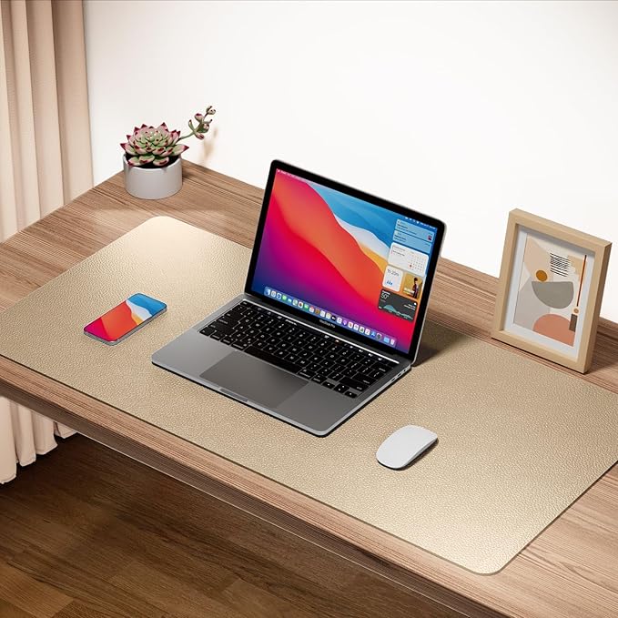 ‎Boutilon Leather Desk Pad 35"x 17" Non-Slip Mouse Pad,Office Desk Mat,Waterprooft PU Leather Desk Blotter,Desk Pad Protector,Desk Writing Pad for Home Office Decor (L-Golden,35"x 17")