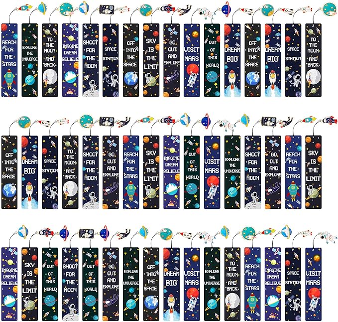 Christmas Space Theme Bookmarks with Metal Charms Planet Rocket Space Ship Theme Bookmarks Inspirational Quotes Bookmarks for Space Christmas Party Favors Gifts Kids Boys Girls Encourage(48 Pieces)