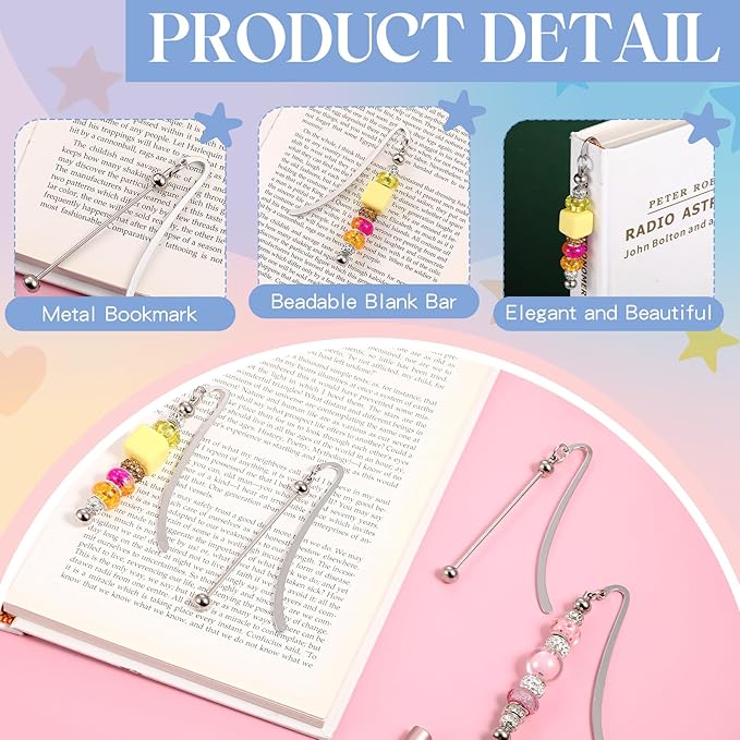 8 Pcs Beadable Bookmarks DIY Metal Blank Bar Bookmark for Beads Modern Beaded Bookmark Craft Jewelry Pendant Charm Gift for Book Lovers Student Teacher Office Supplies (Silver)