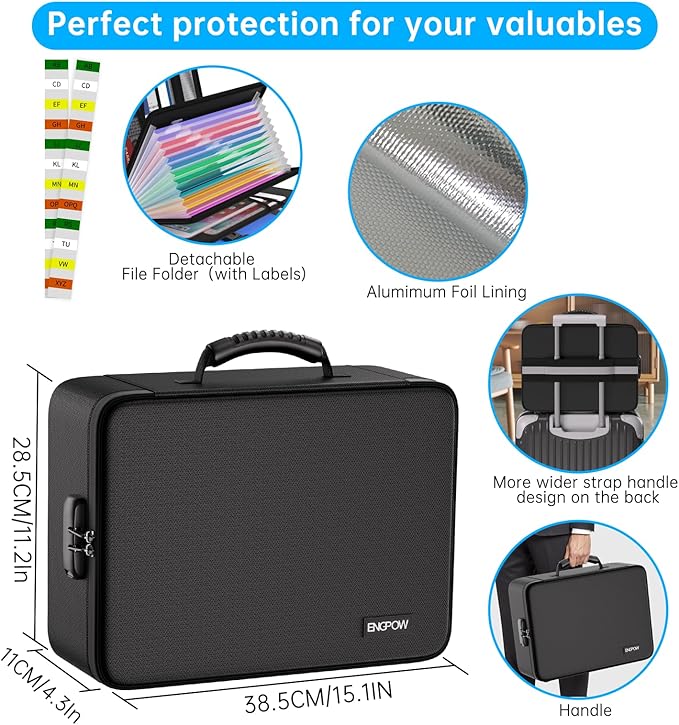 ENGPOW 5200℉ Fireproof File Organizer Bag with 13 Pocket Accordion File Folder,Document Organizer Box with Lock&Labels,Multi-Layer Portable Home Travel Safe Storage Box for Important Documents,Files
