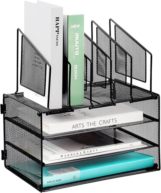 EASEPRES Desk Organizer Tray, 3 Tier Paper organizer with 5 Upright Section Desktop File Folder Sorter Holder for Mail Paper Document Letter Organization Storage