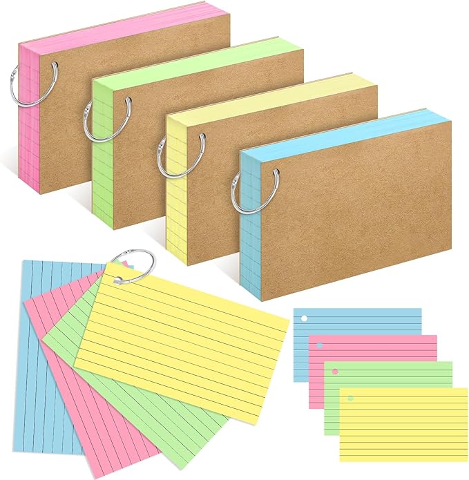 Colored Index Cards 4x6 Inches Flash Cards with Ring Lined Flashcards Heavy Note Cards for Studying School Supplies, 200 Count