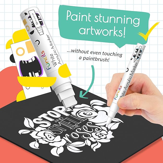 5 Acrylic White Paint Pens - Fine & Jumbo Size Ink Pens (1mm, 3mm, 6mm, 10mm, 15mm) - Permanent White Marker Ink for Rock Painting, Fabric, Tire, Metal, Wood, Canvas, Glass, Plastic, Ceramic