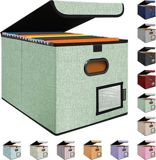 BALEINE File Organizer Box with Lid, Collapsible File Folder Organizer with Plastic Slide, Hanging File Folder Box for Office Document Storage (1 Pack, Green)