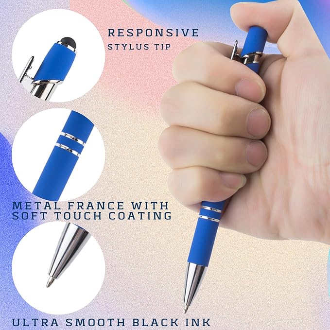 Ballpoint Pens with Stylus Tips，12 Pcs Retractable Metal Stylus Pen for Touch Screens, 1.0 mm Black Ink(Mixed Color)