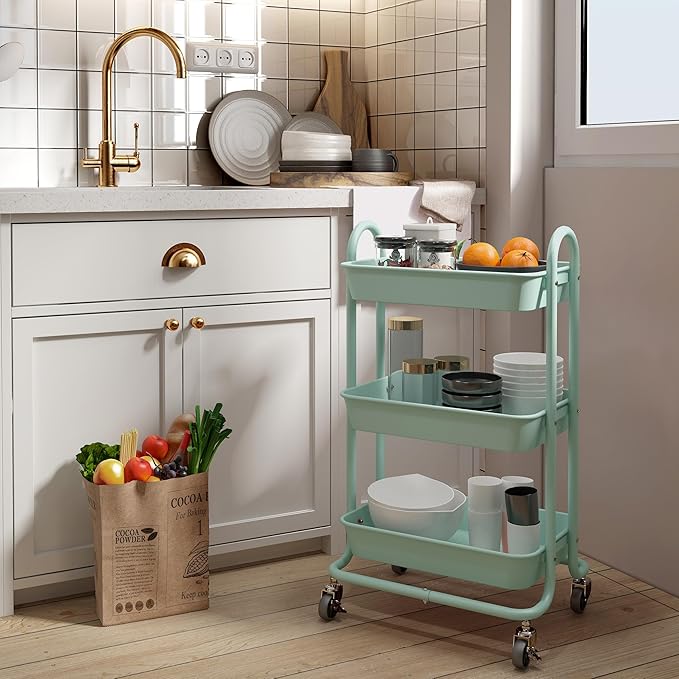 3-Tier Green Utility Rolling Cart,Kitchen Storage Carts with Wheels,Green Metal Rolling Cart for Office,Home,Kitchen,Garden（18"x11.4"x31.2"）