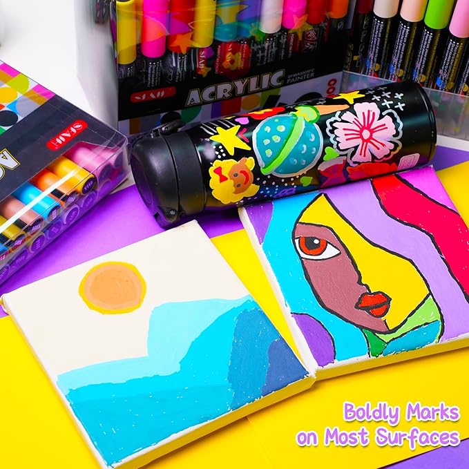 SFAIH Acrylic Creative Markers - 3mm Replaceable Nibs 8 Colors, Large Ink Capacity, Ultra-High Coverage, Non-Bleeding Water-Based Ink, Drawing Markers for Art Supplies, Wood, Fabric, Rock Painting