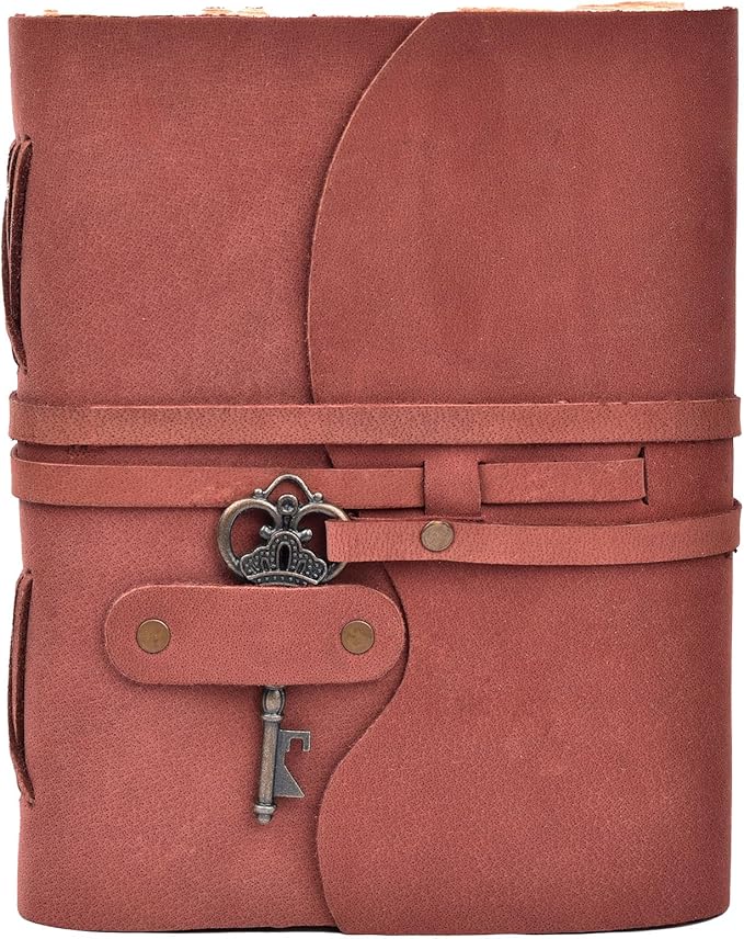 LEATHER VILLAGE Vintage Leather Journal – 200 Handmade Vintage Deckle Edge Paper – Leather bound Journal For Women Men – Vintage Key Closure - Book of Shadows - 8X6 inches (A5) - Fuchsia
