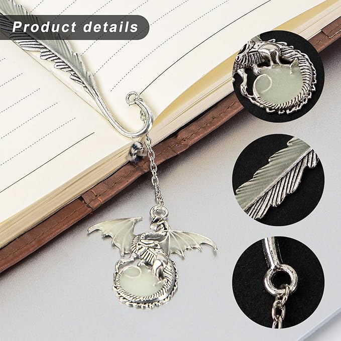 2 Pack Vintage Feather Bookmark, Unique Glow in The Dark Bookmark Gift, Birthday Gifts Teacher Christmas Gifts for Women Christmas Stocking Stuffers(Dragon & Cross)