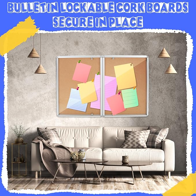 2 Pack Enclosed Bulletin Board 48" x 36" Weather Resistant Lockable Enclosed Cork Case Display Noticeboard Wall Mounted 2 Locking Door Aluminum Frame for School Classroom Office, 12xa4, Brown