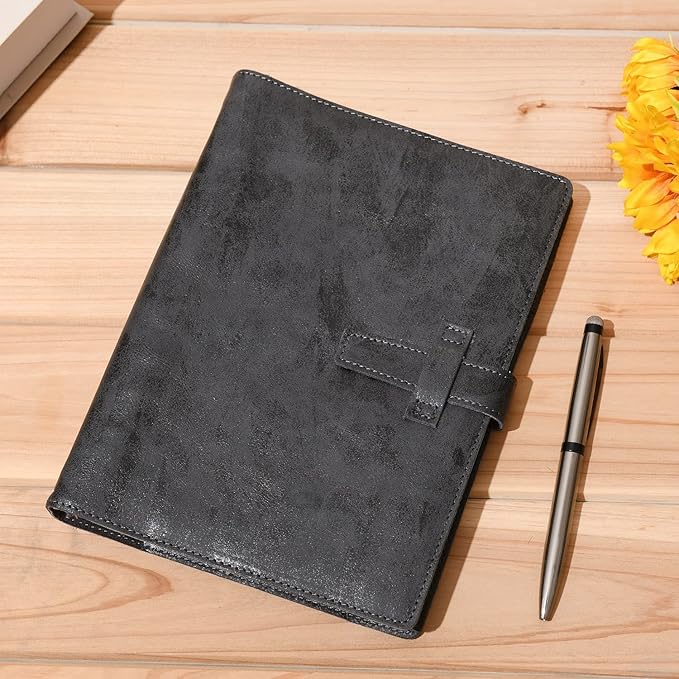 Wonderpool Leather Journal Refillable Binder A5 Writing Notebook Folder Organiser with Dotted Paper & Multi Pockets Cover for Business School Travel (A5, Black)