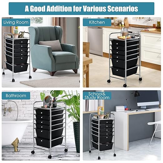 6-Drawer Rolling Storage Cart, Multifunctional Storage Organizer Cart with Wheels, Mobile Utility Cart for Home Office Garage Tools (Black)