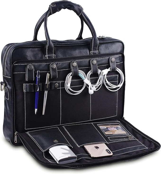 18 Inch Leather Laptop Bag for Computer Bag for Men– Supple Genuine Leather Briefcases for Men W/Padded Laptop Case Leather