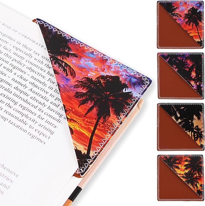 4 Pieces Leather Bookmarks, Cute Book Accessories for Reading Lovers, Page Markers for Women Men Kids Students Teachers Retirement Birthday Gift (Sunset)