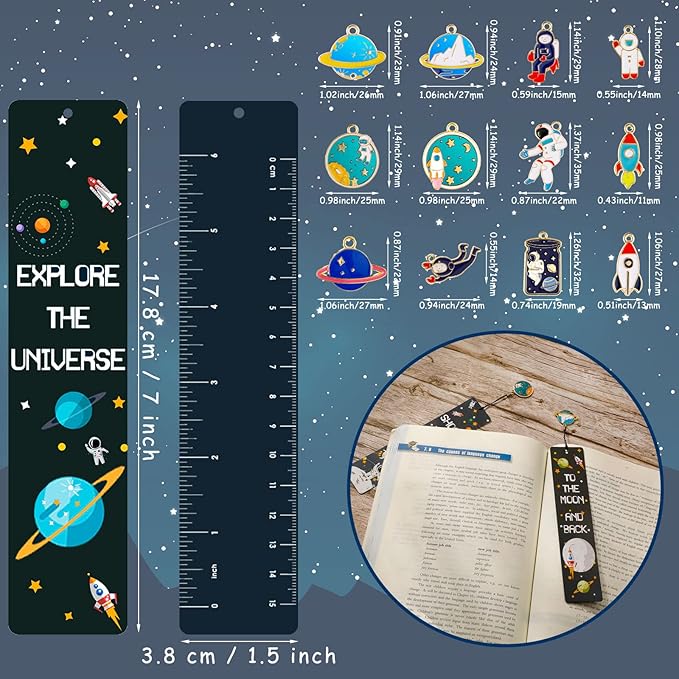 Christmas Space Theme Bookmarks with Metal Charms Planet Rocket Space Ship Theme Bookmarks Inspirational Quotes Bookmarks for Space Christmas Party Favors Gifts Kids Boys Girls Encourage(48 Pieces)