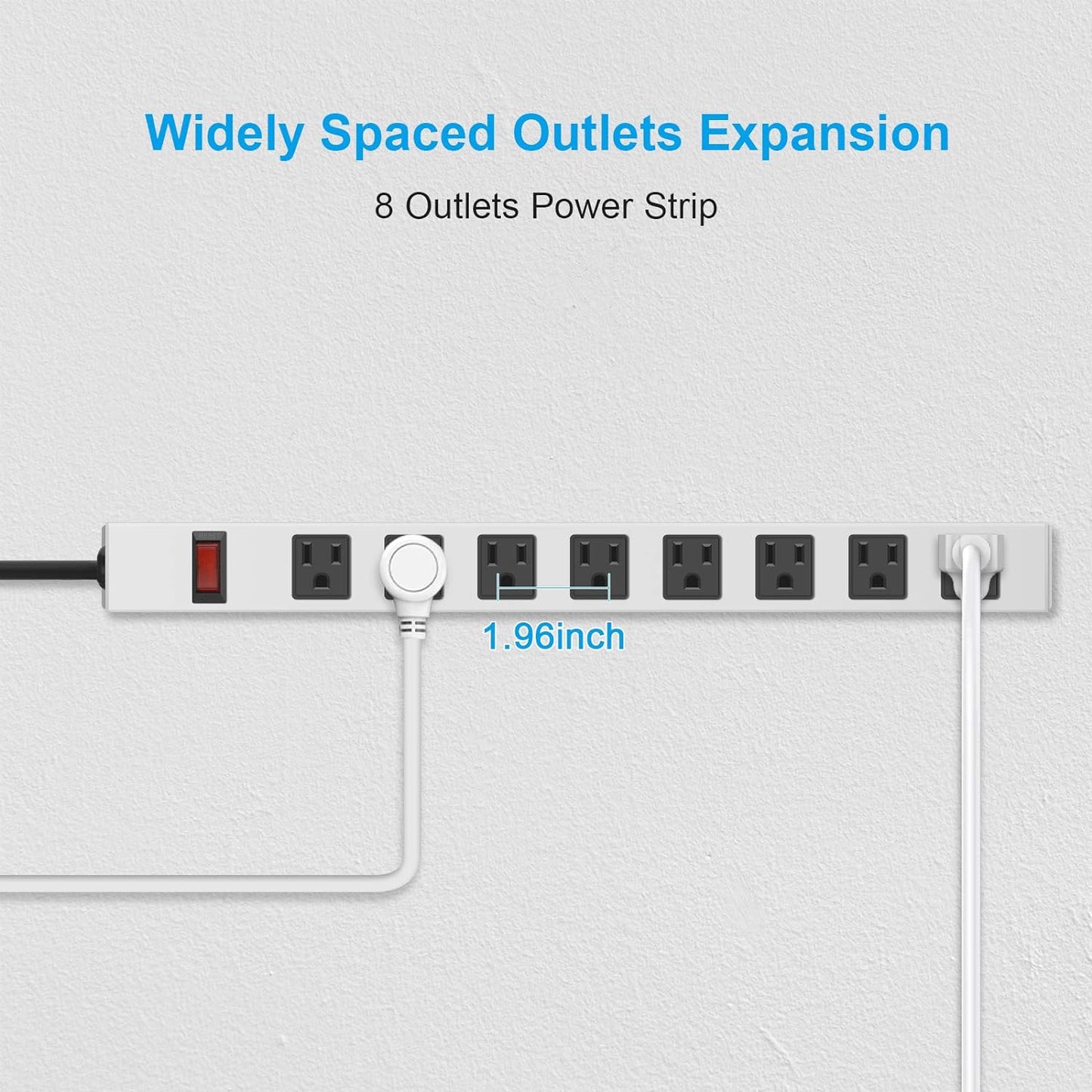 JUNNUJ Metal 8 Outlet Power Strip, Mountable Heavy Duty Power Strip, 1200J Surge Protector Wall Mount Screws Outlet with Switch, Gaming Desk Strips Wide Spaced 15A 125V 1875W, 3 FT 14AWG Power Cord