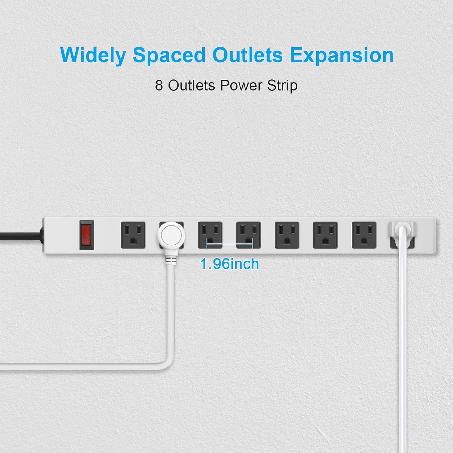JUNNUJ Metal 8 Outlet Power Strip, Mountable Heavy Duty Power Strip, 1200J Surge Protector Wall Mount Screws Outlet with Switch, Gaming Desk Strips Wide Spaced 15A 125V 1875W, 15 FT 14AWG Power Cord