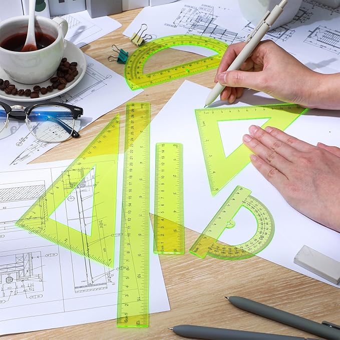 Tenare 6 Pcs Plastic Ruler Math Set Includes 12 Inch 6 Inch Straight Ruler Protractor Triangle Rulers Geometry Transparent Math Ruler Measuring Tools for School Office Home(Yellow)
