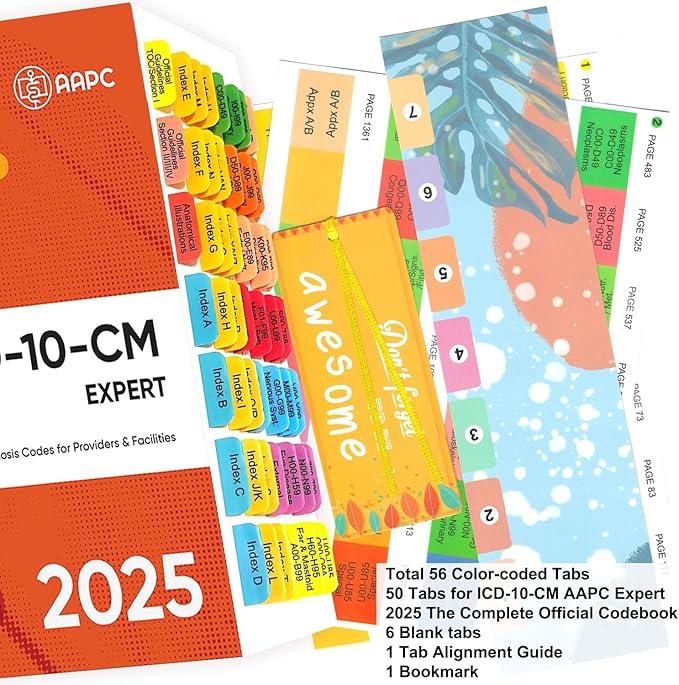 Index Tabs for AAPC Version ICD-10-CM 2025 (Book not Included), The Complete Official Codebook, 56 Color Coded Clear PVC Laminated Tabs, Bookmarker, 50 ICD-10 Coding Guidelines Tabs 6 Blank Tabs