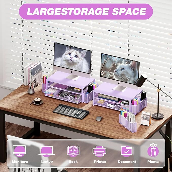 Desk Organizers and Accessories, 2-Tier Computer Monitor Stand for Desk Organizer with Drawer and 2 Pen Holders, Office Desk Accessories Workspace Desktop Organizers for Office Supplies, Purple