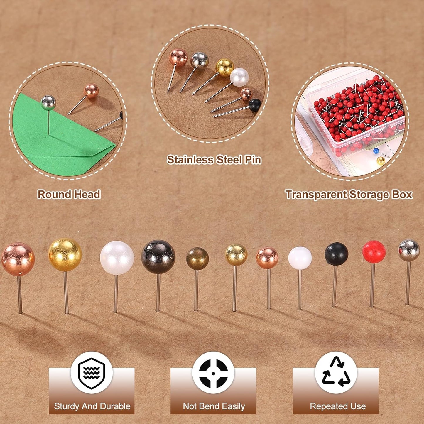 uxcell 400 Pcs Push Pins, Map Thumb Tacks 4mm Round Head Decorative Push Pins for Bulletin Board Home Office Travel Wall DIY Crafts Map Photo, Gold