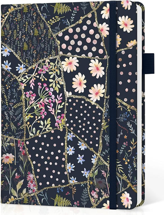 Bullet Dotted Journal Notebook for Women & Men, Hardcover Leather Journal for Writing, A5 Bullet Journaling Notebook for Work & Sketching, Perfect for Office School Home Supplies, 160 Pages, Patchwork Floral