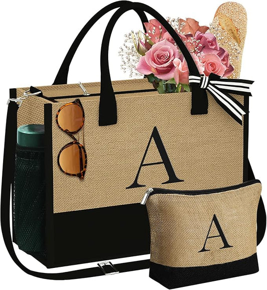YOOLIFE Christmas Gifts for Women - Initial Jute Tote Bag & Makeup Bag, Birthday Gifts for Women Her Mom Teacher Friend
