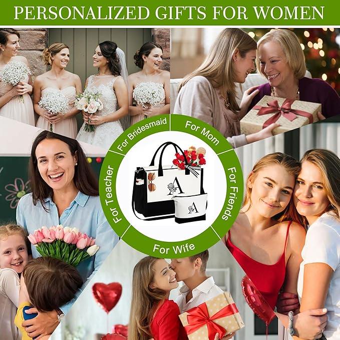 YOOLIFE Christmas Gifts for Women - Initial Canvas Tote Bag & Makeup Bag Birthday Gifts for Women Mom Friend Teacher Sister