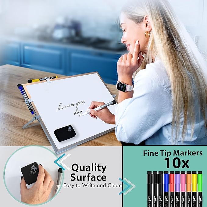 Dry Erase Whiteboard, 16x12in Magnetic Double-Sided Easel, Stand, 10 Markers, 4 Magnets, Eraser Silver