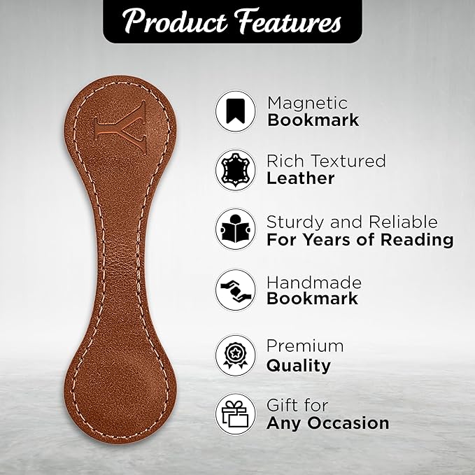 Personalized Leather Magnetic Bookmarks (1 Pack) Vintage Custom Engraved Initial ID Identification Book Marker Clip Gift for Book Lover Avid Readers (Letter Y, Light Brown)