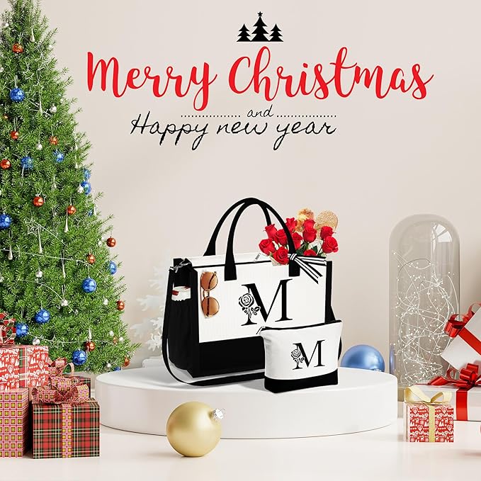 YOOLIFE Christmas Gifts for Women - Initial Canvas Tote Bag & Makeup Bag Birthday Gifts for Women Mom Friend Teacher Sister