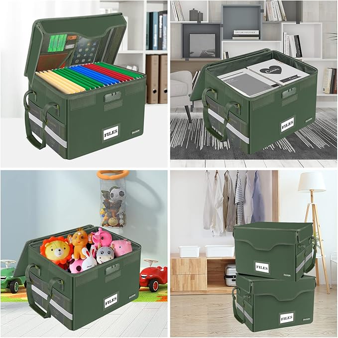 DocSafe File Box Fireproof Document Box with Lock,File Storage Organizer Box with Mesh Inserts＆Zipper Lid,Collapsible Portable File Box Home Office File Cabinet with Handle for Hanging Folders,Green