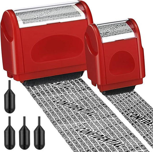 Nezyo 2 Pack Identity Protection Roller Stamp Identity Theft Stamp Confidential Roller Stamp Privacy Stamp Information Blocker Stamp and 4 Pack Refill Ink for ID Account Data Address Security(Red)