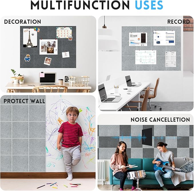 Large Cork Bulletin Board for Wall 36"x24", 6 Pack Felt Wall Tiles with 50 Pushpins, 30 Safe Removable Adhesive Tabs, Decorative Pin Board Tack Board for Office Home School, Black