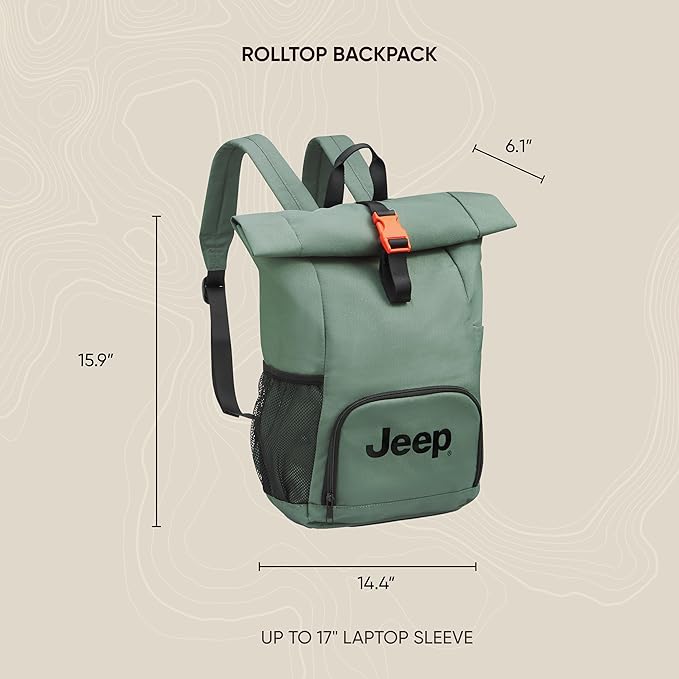 Jeep JS016D Rolltop Travel Backpack, Black, 17" Laptop