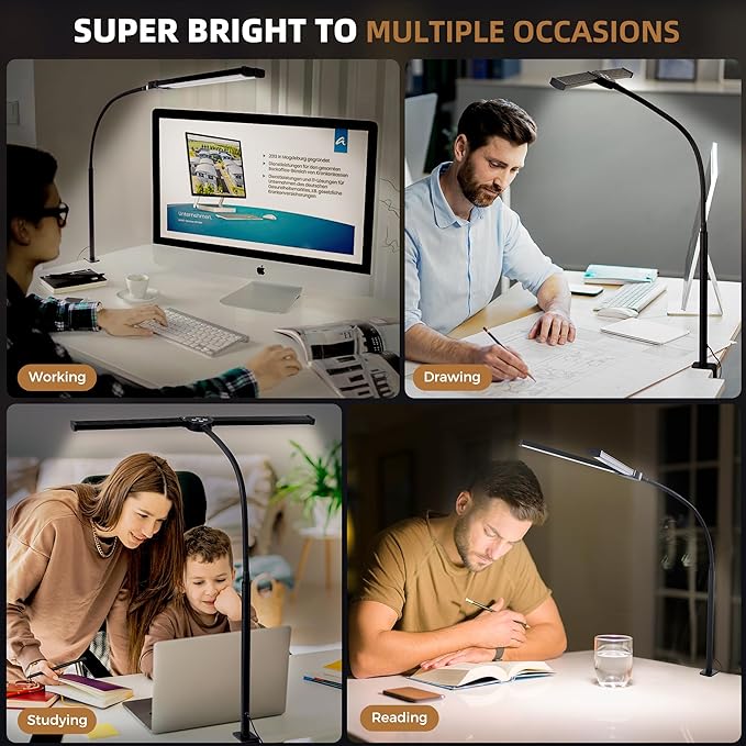 Led Desk Lamp for Home Office, Eye-Care Architect Light with Clamp, Smart Double Head Computer Monitor Table Clip Lamp, Adjustable Flexible Gooseneck, 25 Lighting Models, Task lamp, Black