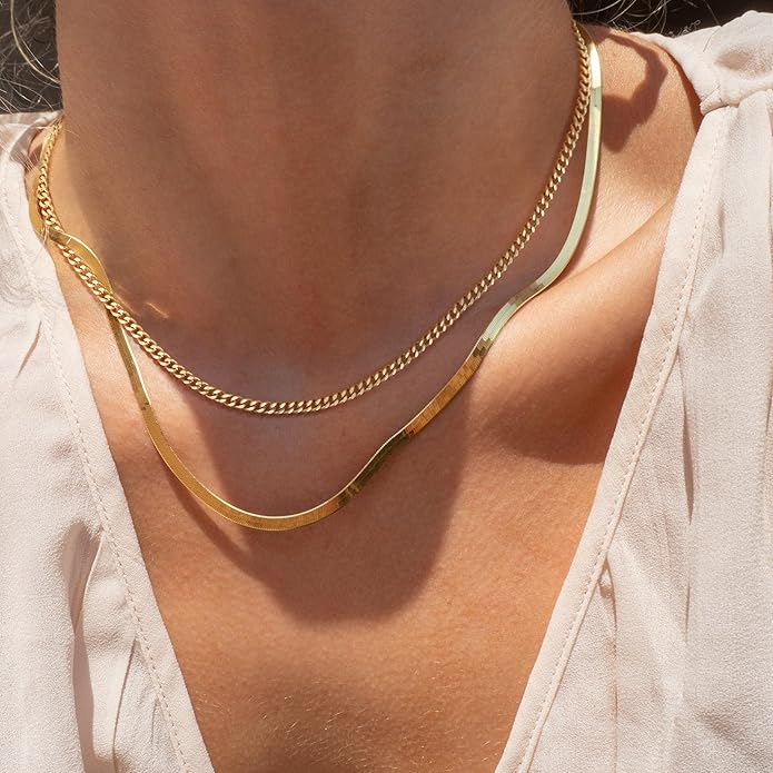 Herringbone Necklace for Women,Dainty Gold Necklace,14k Gold Plated Snake,Gold Chain Choker Necklaces,Simple Gold Layered Necklaces,Gold Jewelry Gift for Women