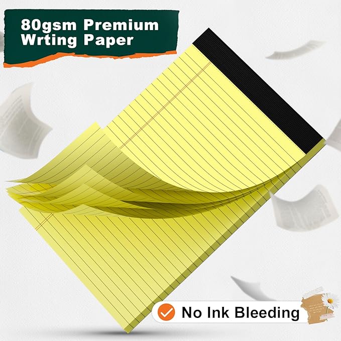 Legal Pads 8.5 x 11 Yellow Writing Pads Wide Ruled Note Pads 8.5 x 11 Lined Double-Sided Notepad for Home, School, Office Use, 80gsm Perforated Paper, Sturdy Cardboard Backing, 6 Pack (30 Sheets/Pad)