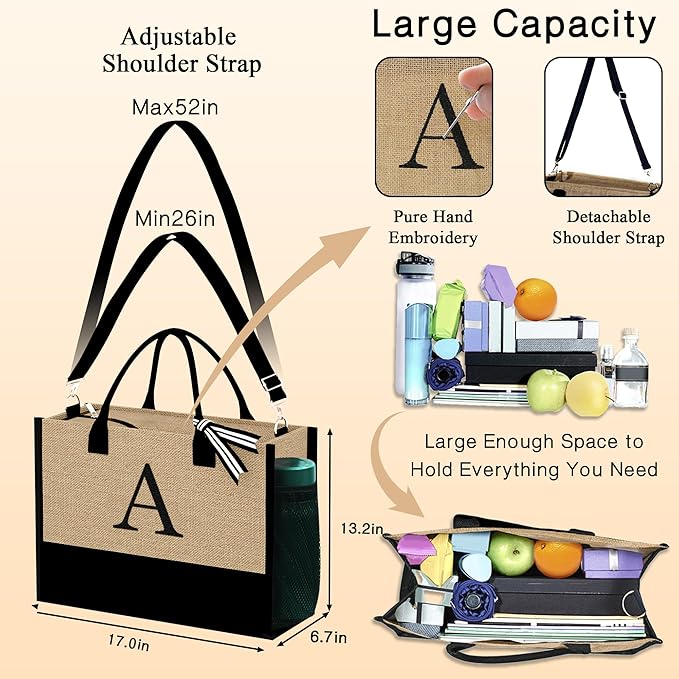 YOOLIFE Christmas Gifts for Women - Initial Jute Tote Bag & 2 Makeup Bags Birthday Gifts for Women Mom Teacher Friend Sister