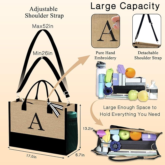 YOOLIFE Christmas Gifts for Women - Initial Jute Tote Bag & 2 Makeup Bags Birthday Gifts for Women Mom Teacher Friend Sister