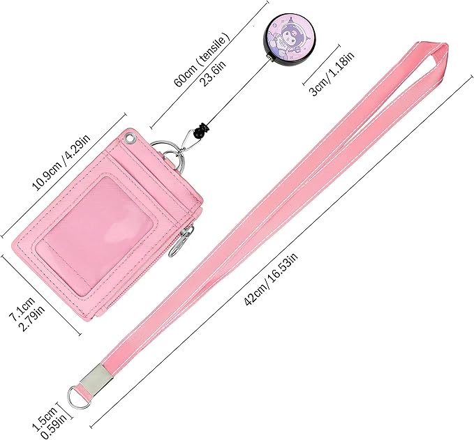 Cute ID Badge Holder Retractable Lanyard Reel Clip with Heavy Duty Carabiner,5 Card Slots in 2 Sided with Key Ring and Zipper for Students Teens BoysGirls Office Staff Women (Purple Kuro)