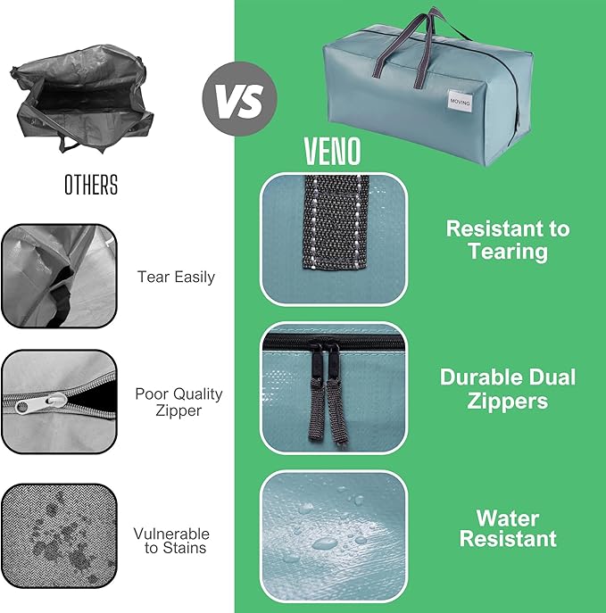 VENO 8 Pack Moving Bags w/Backpack Straps, Moving Boxes & Storage Bins Alternative, Packing Supplies, Camping Accessories Totes, Dorm Room Essentials Storage Bags (Shiny Light Blue, 8 Pack)