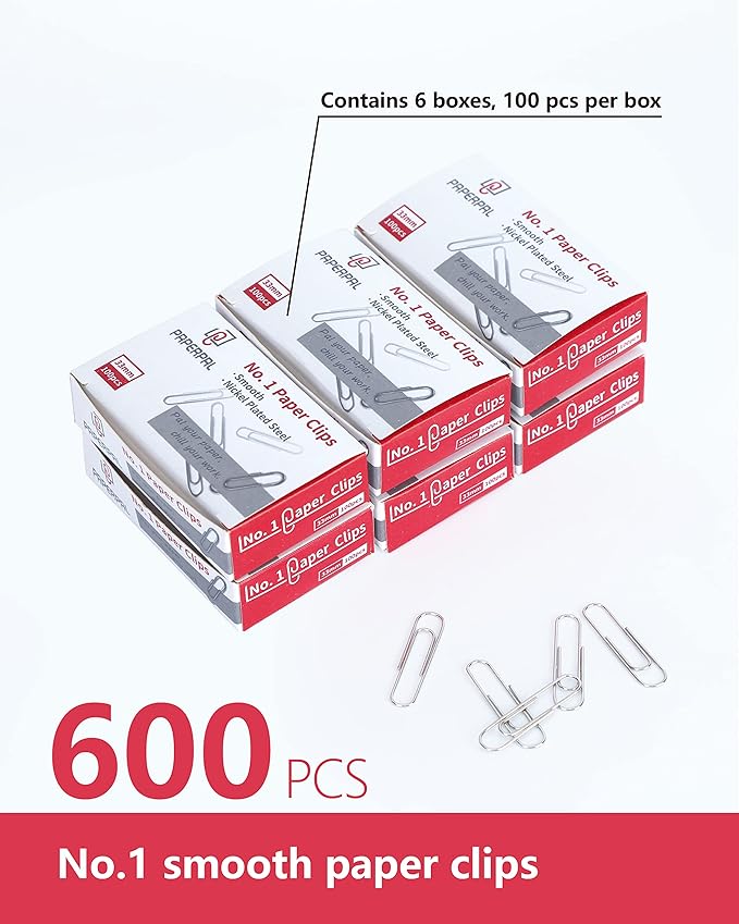 PAPERPAL #1 Smooth Paper Clips, 600 Medium Paper Clips (6 Boxes of 100 Each), Paperclips for Office School & Personal Use, Daily DIY, 1-2/7" Silver Paper Clip Standard Size (No. 1 Paper Clips, Smooth)