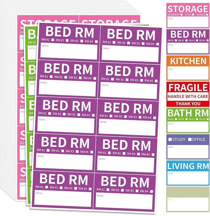 680 Home Moving Labels, 3.4 x 2 inches, 8-Color Coded Packing Box Stickers with Fragile and Blank Customizable Labels