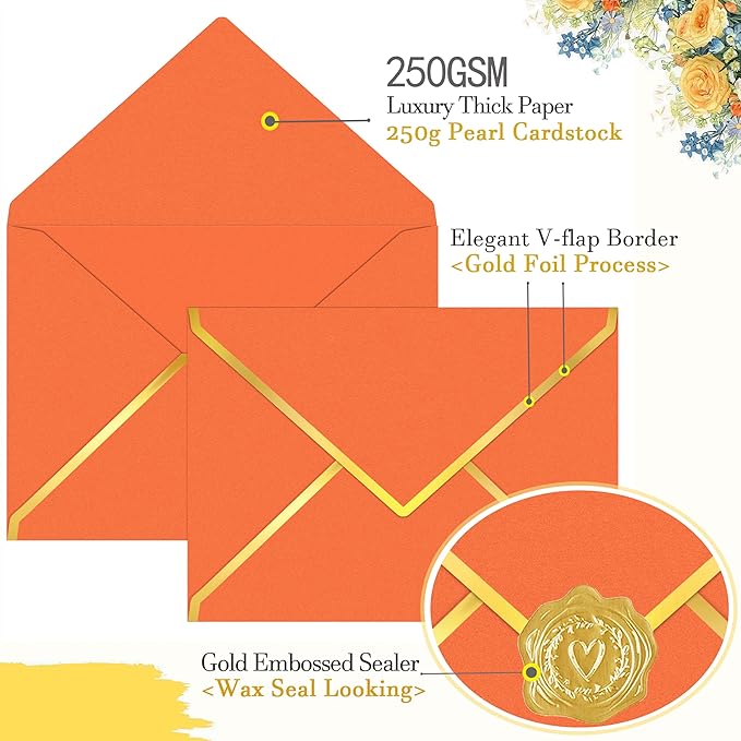 60 Pack 5x7 Envelopes for Invitations,A7 Business Envelopes Letter Size 250g Shimmer Cardstock with Gold Foil V Flap & Sealer,Security Envelopes for Gift Card,Wedding,Baby Shower(Orange)