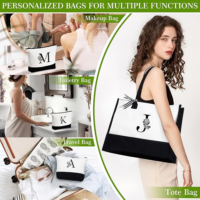 YOOLIFE Christmas Gifts for Women - Initial Canvas Tote Bag & Makeup Bag Birthday Gifts for Women Mom Friend Teacher Sister